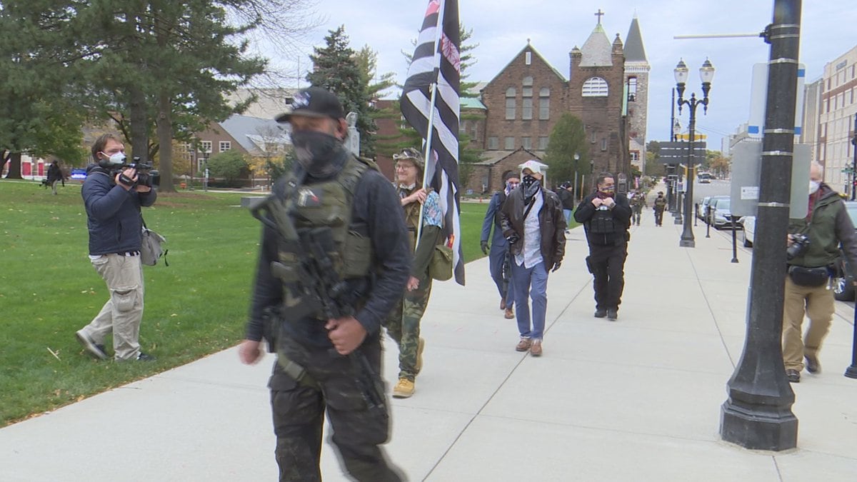 Boogaloo Bois make their way to the Michigan State Capitol for the Unity Rally.