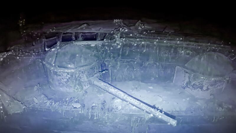 This photo provided by the Ocean Exploration Trust shows one of the large casemate guns on the...