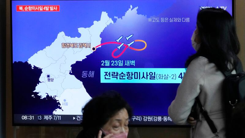 A TV screen displayed at the Seoul Railway Station in Seoul, South Korea, shows a news program...