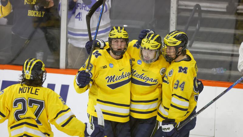 Michigan players celebrate a goal against Colgate during an NCAA hockey game on Friday, March...